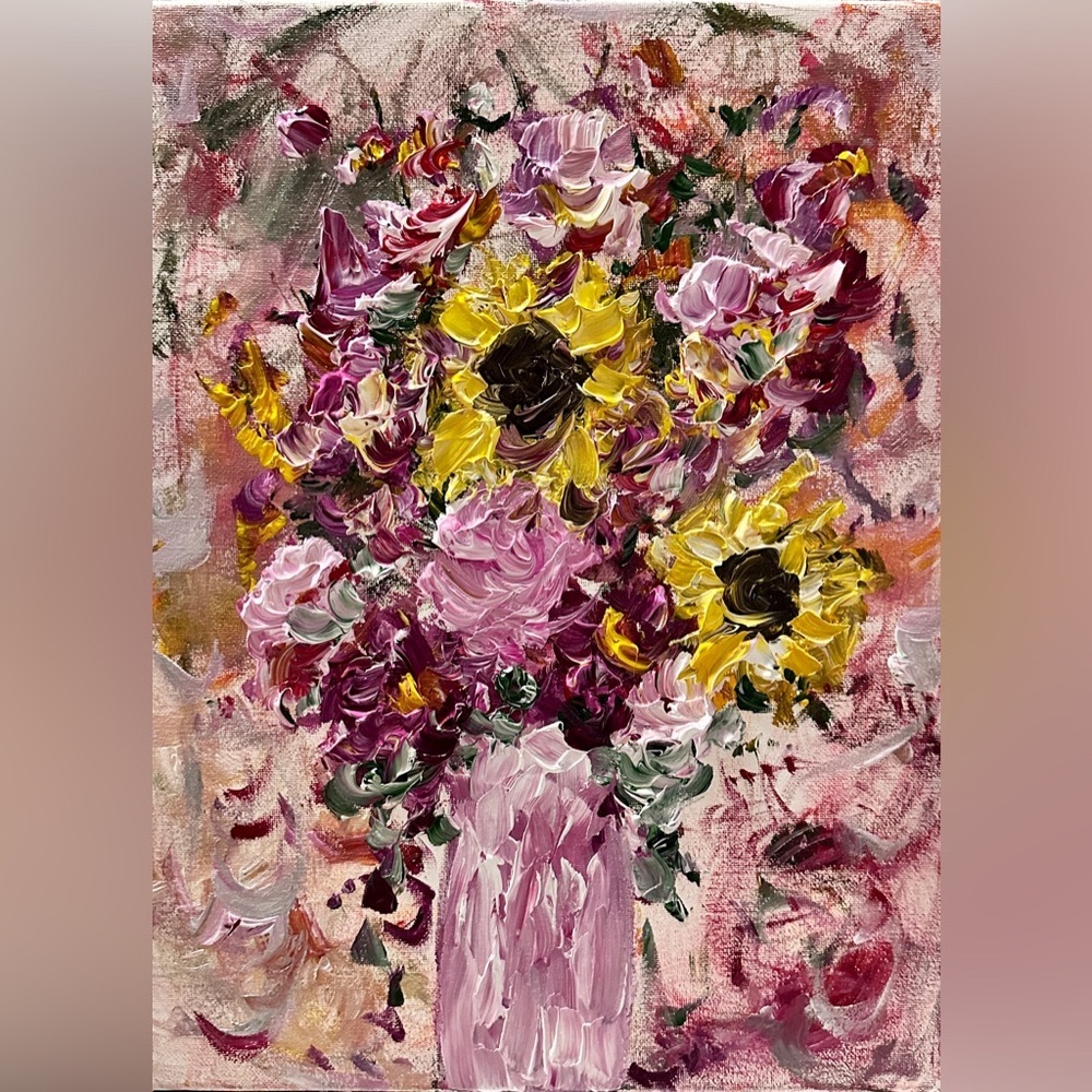 ORIGINAL ACRYLIC TEXTURED FLORAL PAINTING SIZE 16 H x 12 W inch canvas